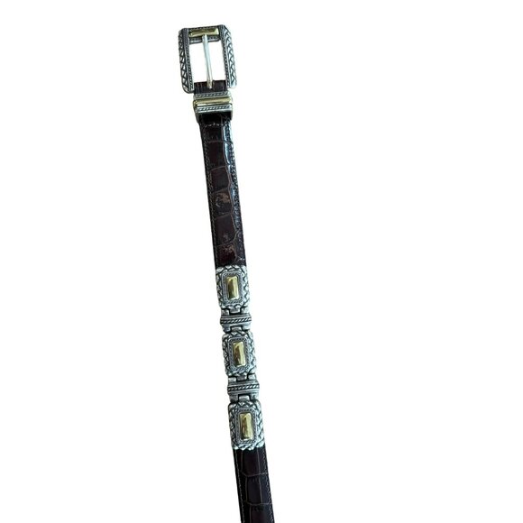 Brighton Women's Croc Embossed Leather Belt Medium 44209 Silver Gold Vintage 90s - Picture 2 of 5